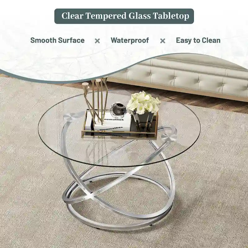 Table basse ronde Myhozm Accent avec plateau en verre/pierre et piètement en métal