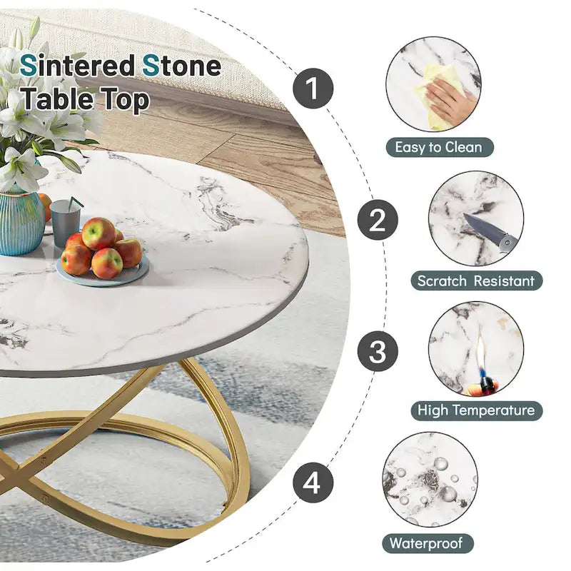 Table basse ronde Myhozm Accent avec plateau en verre/pierre et piètement en métal