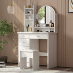 Ensemble coiffeuse Timechee avec miroir rond, tiroirs et étagères - Blanc - 80 cm (L) x 40 cm (l) x 132 cm (H)