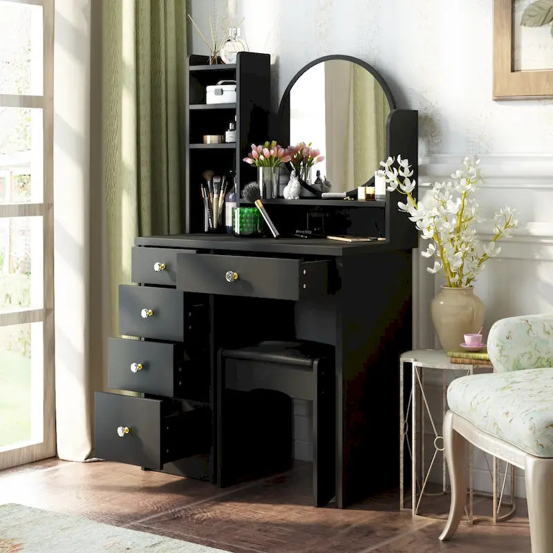 Ensemble coiffeuse Timechee avec miroir rond, tiroirs et étagères - Blanc - 80 cm (L) x 40 cm (l) x 132 cm (H)