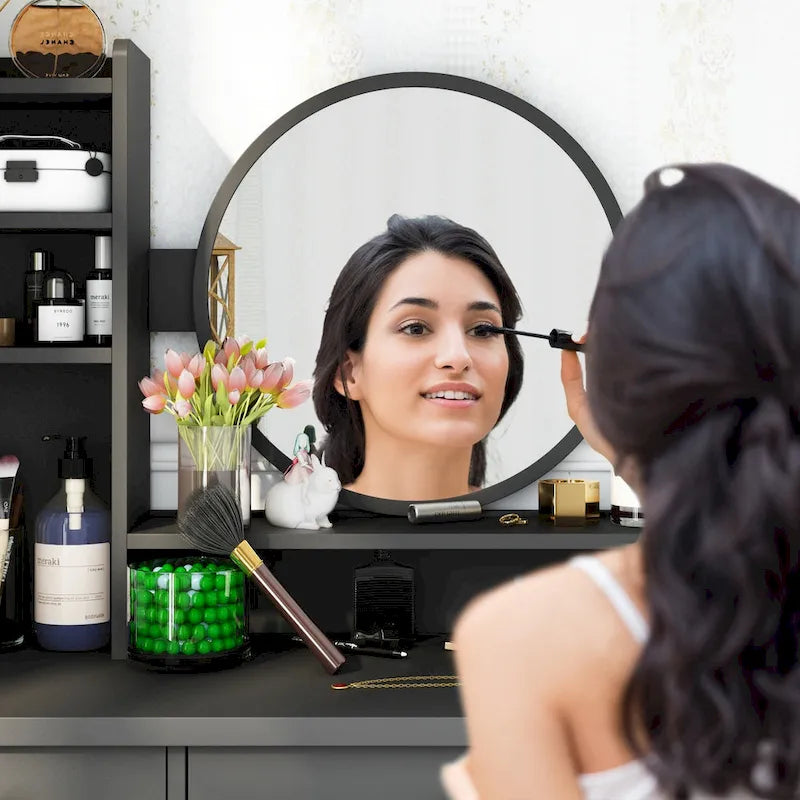 Ensemble coiffeuse Timechee avec miroir rond, tiroirs et étagères - Blanc - 80 cm (L) x 40 cm (l) x 132 cm (H)