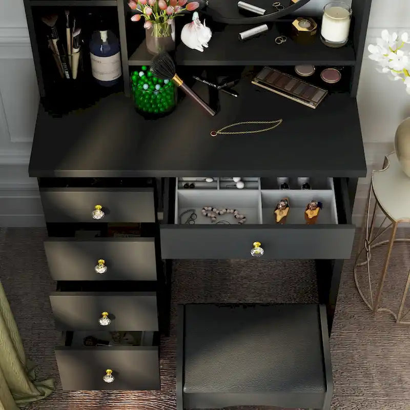 Ensemble coiffeuse Timechee avec miroir rond, tiroirs et étagères - Blanc - 80 cm (L) x 40 cm (l) x 132 cm (H)