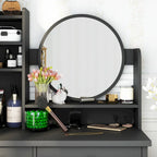 Ensemble coiffeuse Timechee avec miroir rond, tiroirs et étagères - Blanc - 80 cm (L) x 40 cm (l) x 132 cm (H)
