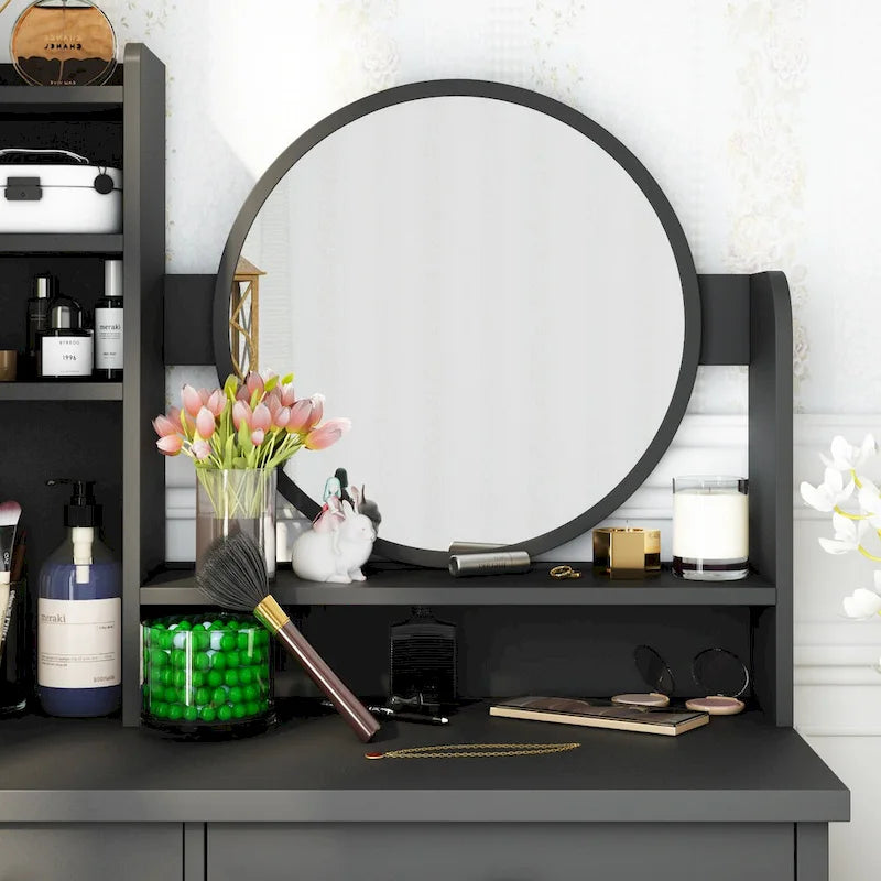 Ensemble coiffeuse Timechee avec miroir rond, tiroirs et étagères - Blanc - 80 cm (L) x 40 cm (l) x 132 cm (H)