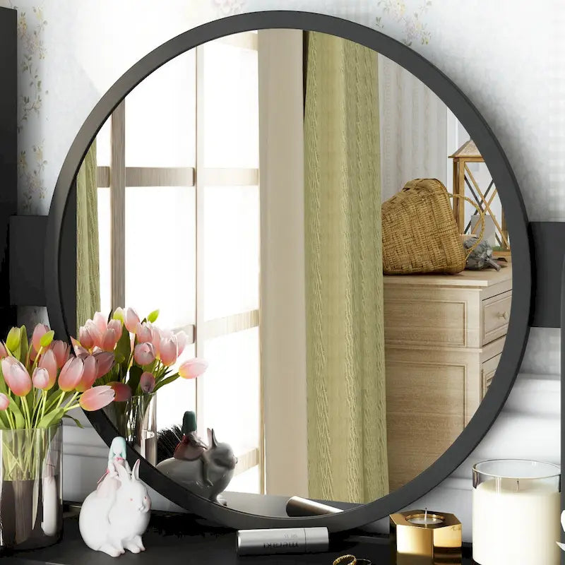 Ensemble coiffeuse Timechee avec miroir rond, tiroirs et étagères - Blanc - 80 cm (L) x 40 cm (l) x 132 cm (H)
