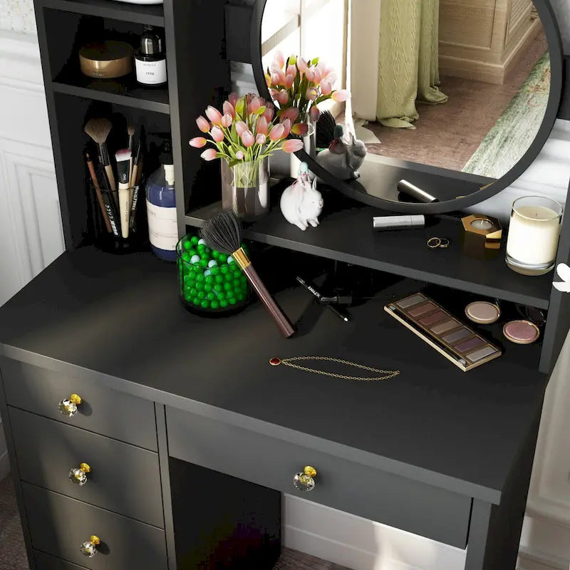 Ensemble coiffeuse Timechee avec miroir rond, tiroirs et étagères - Blanc - 80 cm (L) x 40 cm (l) x 132 cm (H)