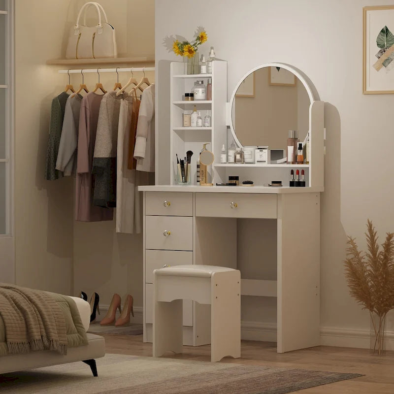 Ensemble coiffeuse Timechee avec miroir rond, tiroirs et étagères - Blanc - 80 cm (L) x 40 cm (l) x 132 cm (H)