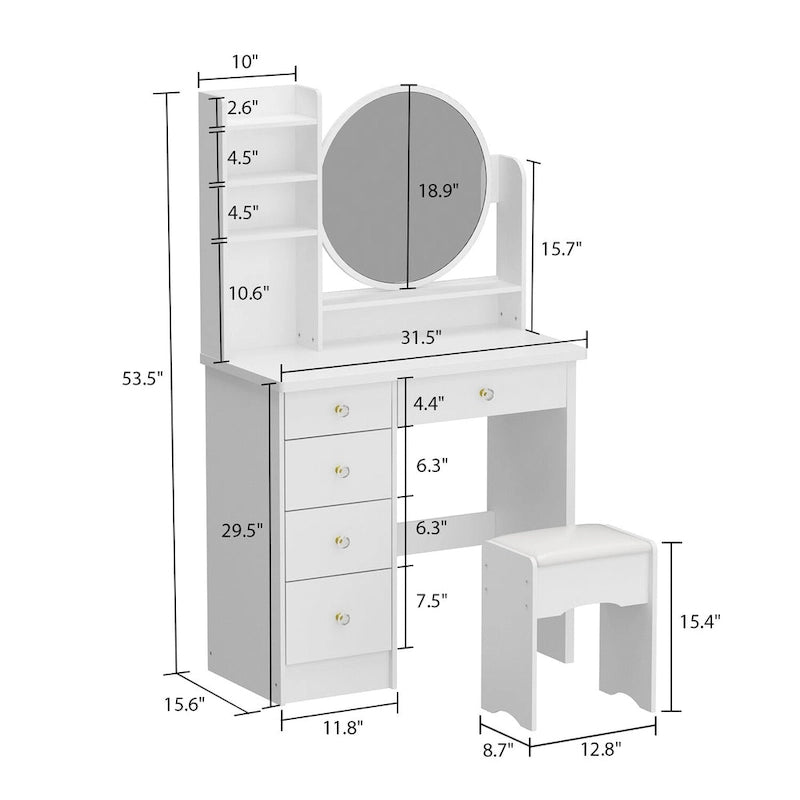 Ensemble coiffeuse Timechee avec miroir rond, tiroirs et étagères - Blanc - 80 cm (L) x 40 cm (l) x 132 cm (H)