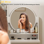 Ensemble coiffeuse Timechee avec miroir rond, tiroirs et étagères - Blanc - 80 cm (L) x 40 cm (l) x 132 cm (H)