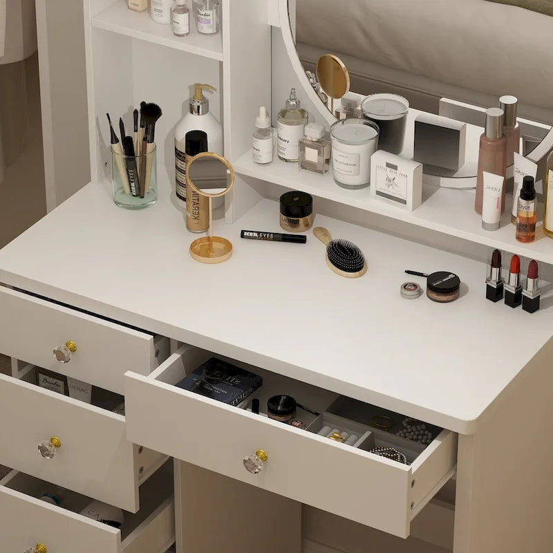 Ensemble coiffeuse Timechee avec miroir rond, tiroirs et étagères - Blanc - 80 cm (L) x 40 cm (l) x 132 cm (H)