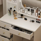 Ensemble coiffeuse Timechee avec miroir rond, tiroirs et étagères - Blanc - 80 cm (L) x 40 cm (l) x 132 cm (H)