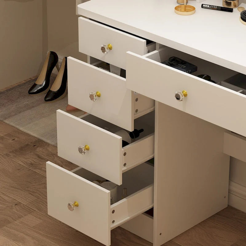 Ensemble coiffeuse Timechee avec miroir rond, tiroirs et étagères - Blanc - 80 cm (L) x 40 cm (l) x 132 cm (H)