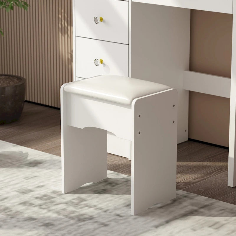 Ensemble coiffeuse Timechee avec miroir rond, tiroirs et étagères - Blanc - 80 cm (L) x 40 cm (l) x 132 cm (H)