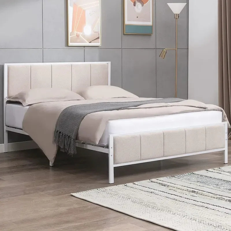 Mixoy Bed Frame, Linen Upholstered Platform Bed Bedroom, Bed Frame with Channel Tufted Headboard, No Box Spring Needed