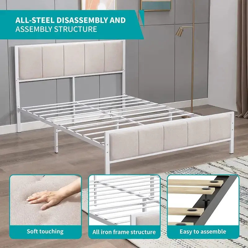 Cadre de lit Mixoy, lit plateforme recouvert de lin pour chambre à coucher, cadre de lit avec tête de lit capitonnée, sommier non requis