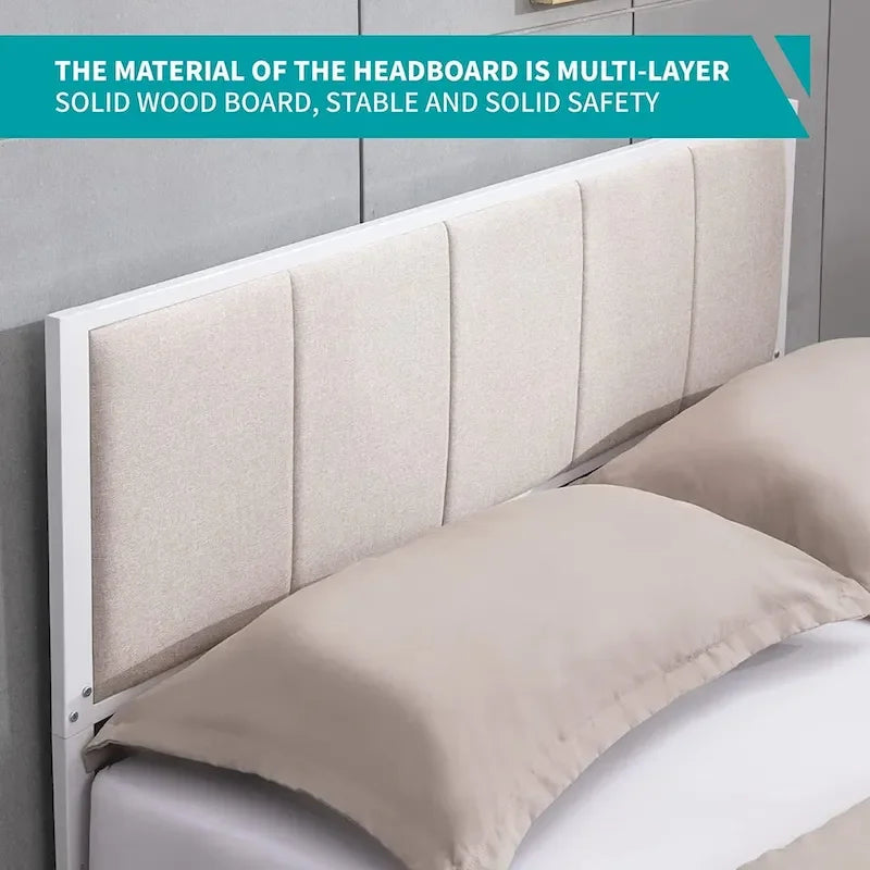 Cadre de lit Mixoy, lit plateforme recouvert de lin pour chambre à coucher, cadre de lit avec tête de lit capitonnée, sommier non requis