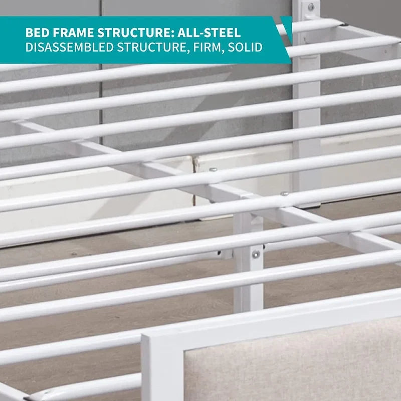 Cadre de lit Mixoy, lit plateforme recouvert de lin pour chambre à coucher, cadre de lit avec tête de lit capitonnée, sommier non requis