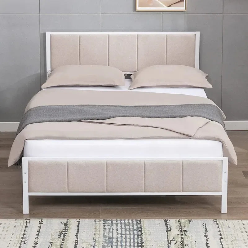 Cadre de lit Mixoy, lit plateforme recouvert de lin pour chambre à coucher, cadre de lit avec tête de lit capitonnée, sommier non requis