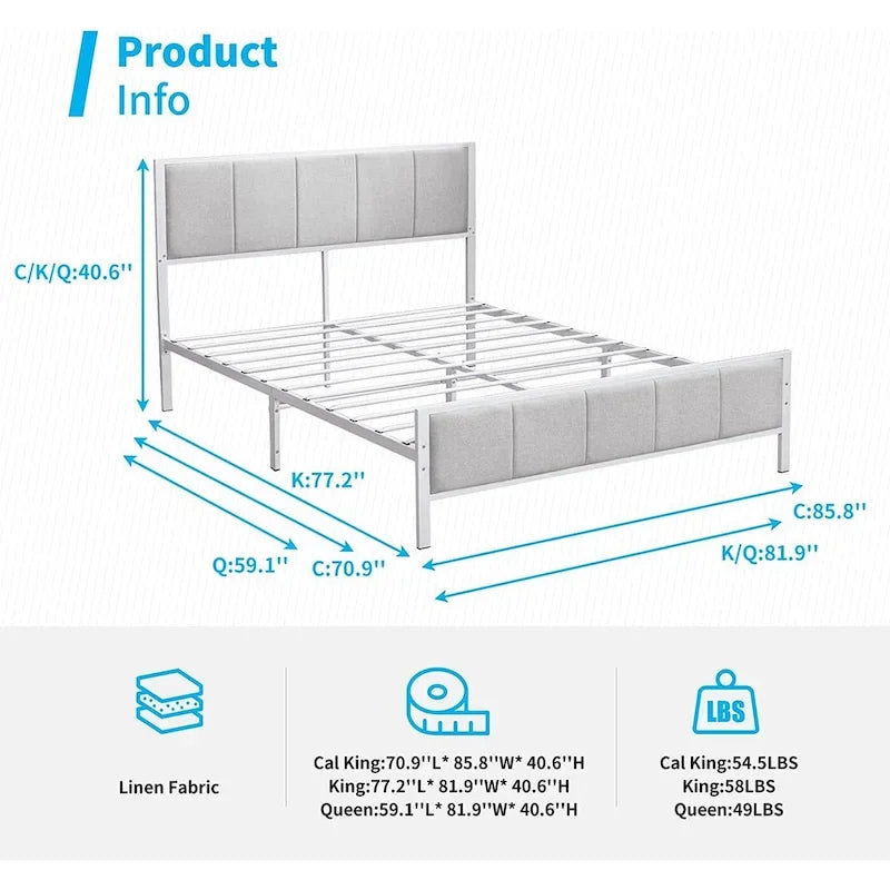 Cadre de lit Mixoy, lit plateforme recouvert de lin pour chambre à coucher, cadre de lit avec tête de lit capitonnée, sommier non requis
