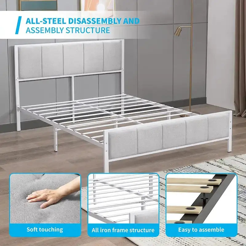 Cadre de lit Mixoy, lit plateforme recouvert de lin pour chambre à coucher, cadre de lit avec tête de lit capitonnée, sommier non requis