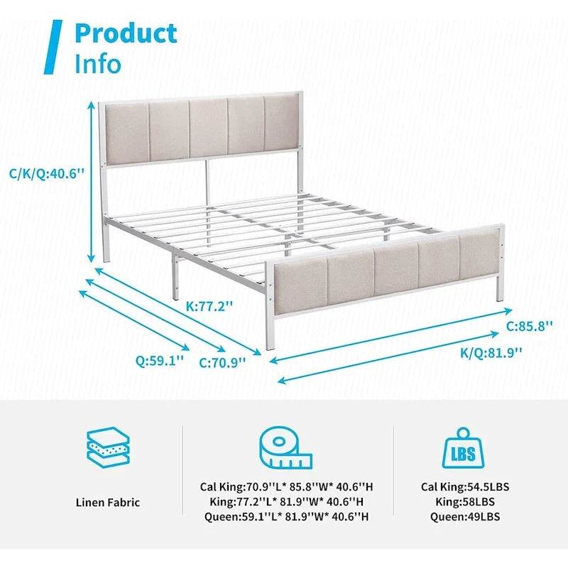 Cadre de lit Mixoy, lit plateforme recouvert de lin pour chambre à coucher, cadre de lit avec tête de lit capitonnée, sommier non requis