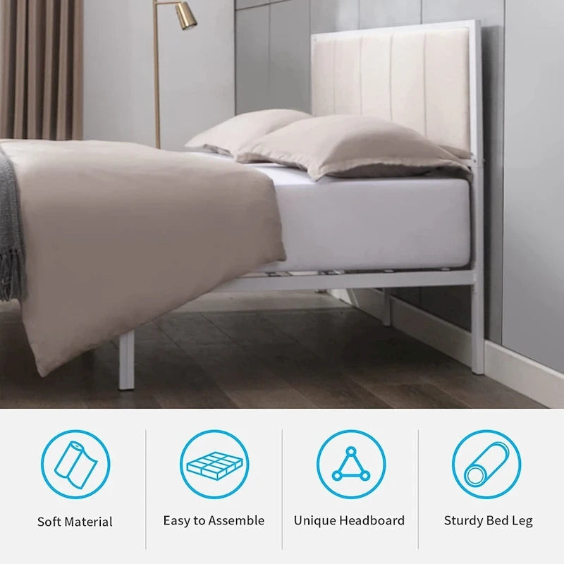Cadre de lit Mixoy, lit plateforme recouvert de lin pour chambre à coucher, cadre de lit avec tête de lit capitonnée, sommier non requis