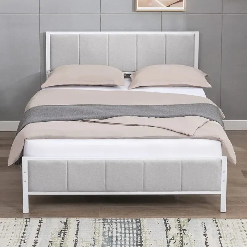 Cadre de lit Mixoy, lit plateforme recouvert de lin pour chambre à coucher, cadre de lit avec tête de lit capitonnée, sommier non requis