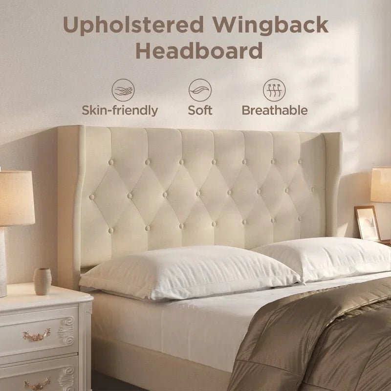 Cadre de lit plateforme moderne rembourré, cadre de lit en velours avec tête de lit à oreilles