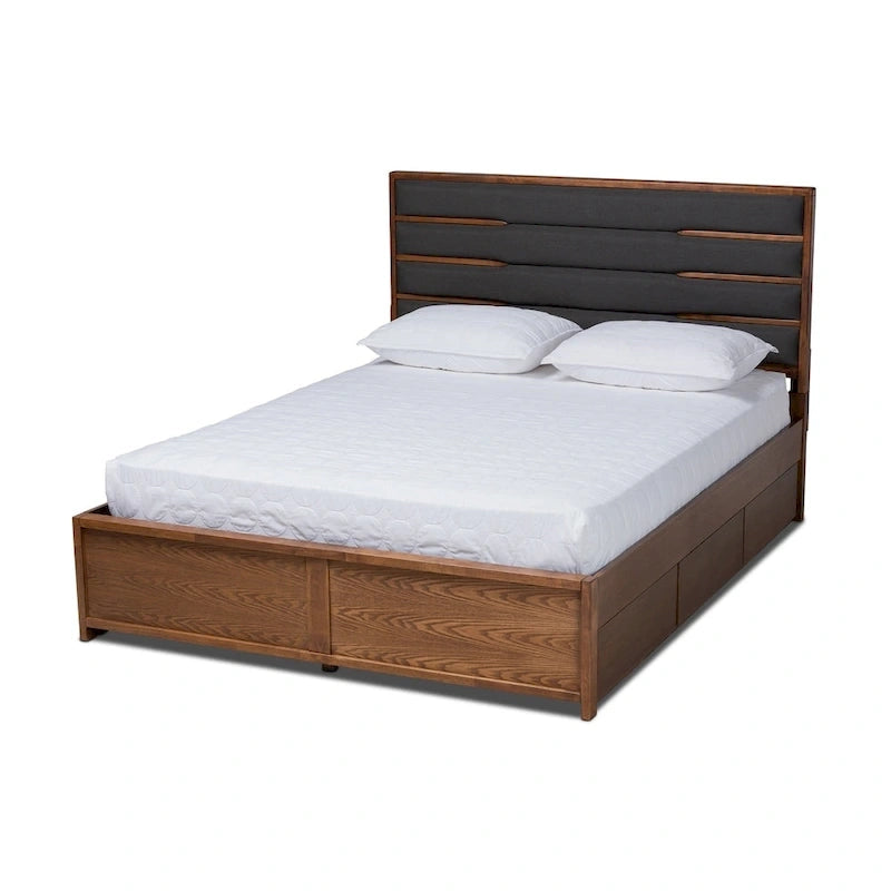 Lit coffre Elin moderne et contemporain, recouvert de tissu et en bois, avec plateforme.