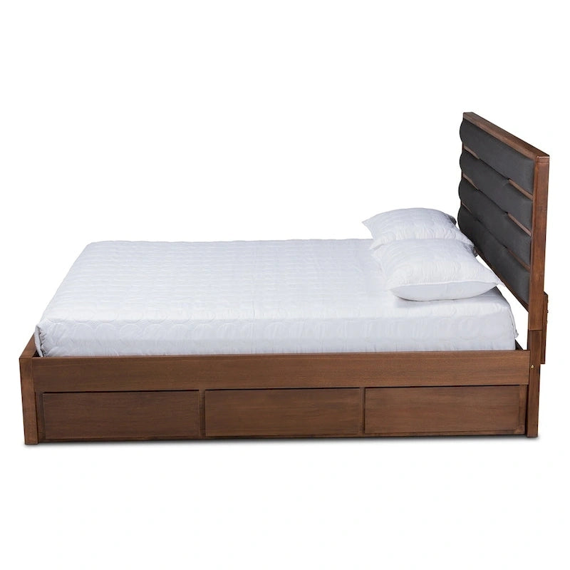 Lit coffre Elin moderne et contemporain, recouvert de tissu et en bois, avec plateforme.