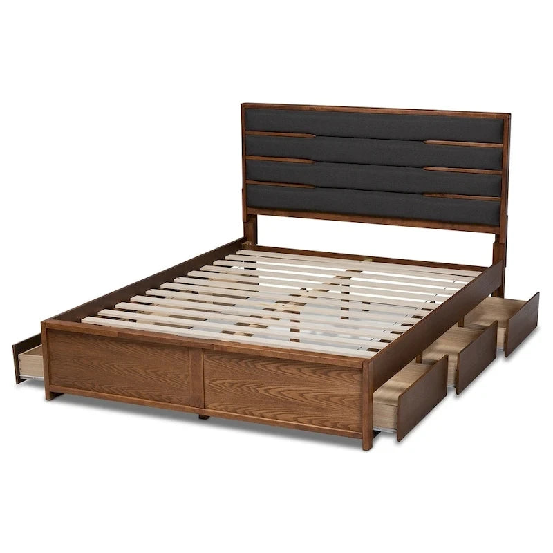 Lit coffre Elin moderne et contemporain, recouvert de tissu et en bois, avec plateforme.