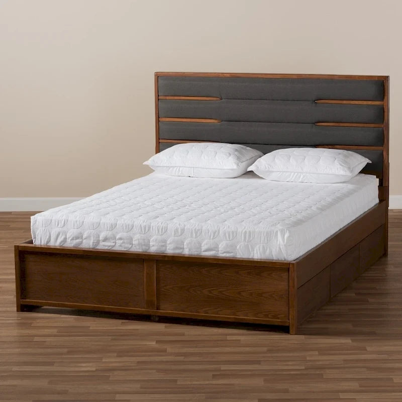 Lit coffre Elin moderne et contemporain, recouvert de tissu et en bois, avec plateforme.