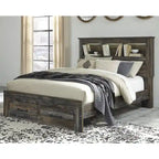 Lit bibliothèque Drystan rustique marron avec tiroirs de rangement au pied du lit