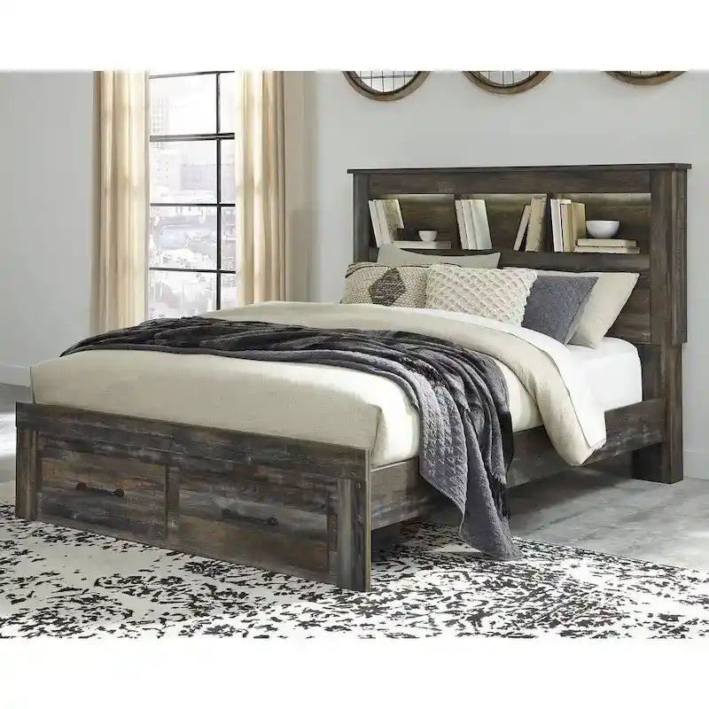 Lit bibliothèque Drystan rustique marron avec tiroirs de rangement au pied du lit