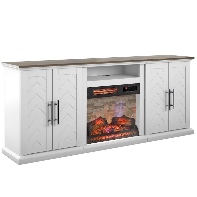 Meuble TV pour téléviseurs jusqu'à 80 pouces avec cheminée électrique et ports de chargement USB