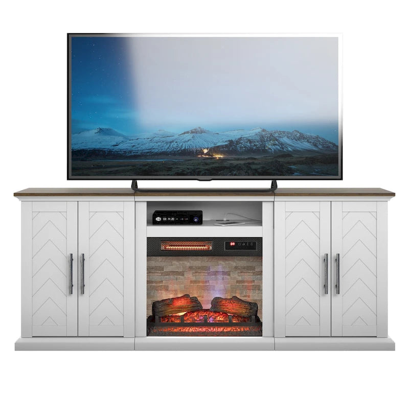 Meuble TV pour téléviseurs jusqu'à 80 pouces avec cheminée électrique et ports de chargement USB