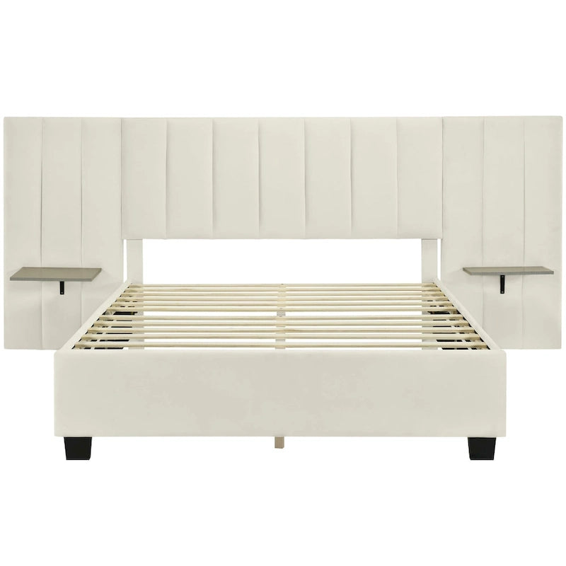 Lit plateforme capitonné Queen Size avec grande tête de lit, mobilier de chambre, velours, beige