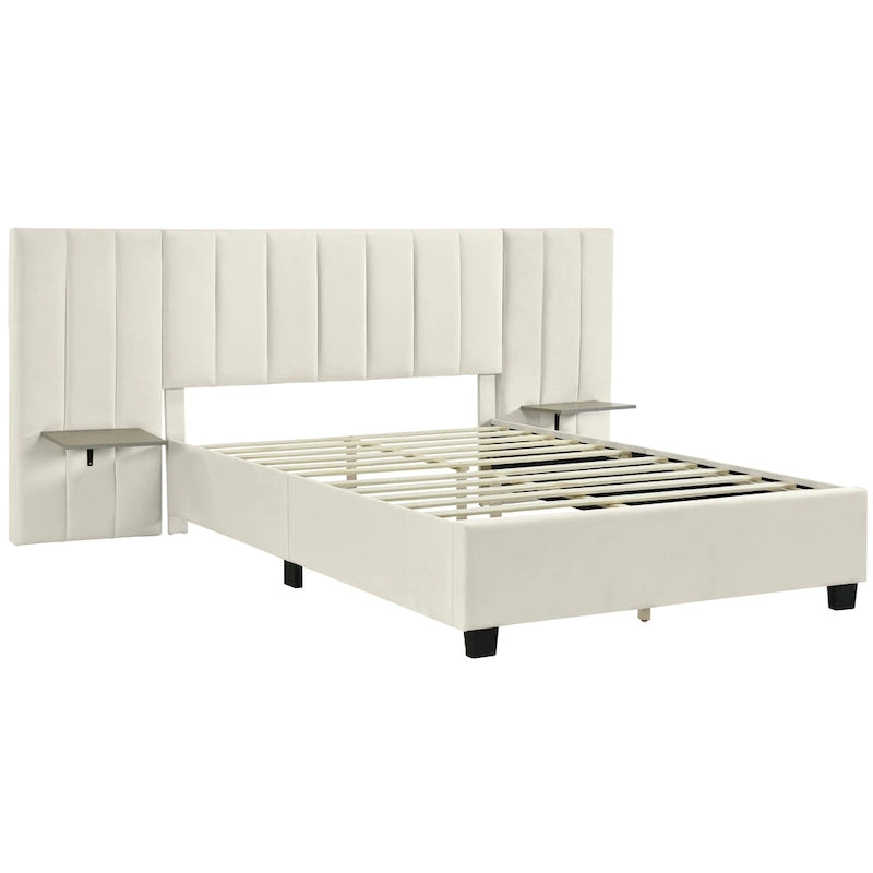 Lit plateforme capitonné Queen Size avec grande tête de lit, mobilier de chambre, velours, beige