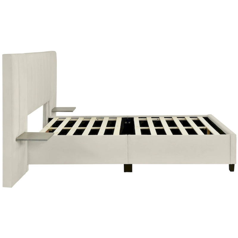 Lit plateforme capitonné Queen Size avec grande tête de lit, mobilier de chambre, velours, beige