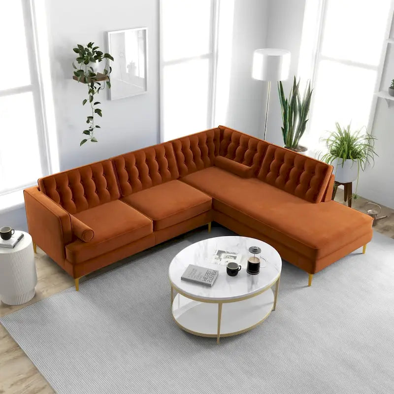 Canapé d'angle moderne Caterina en velours capitonné orange