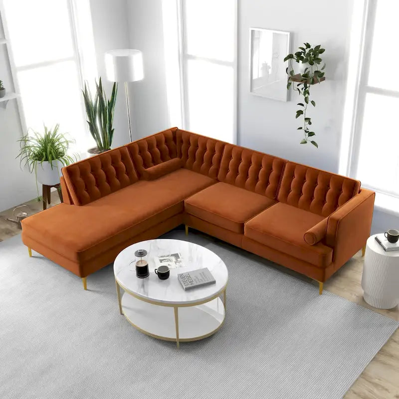 Canapé d'angle moderne Caterina en velours capitonné orange