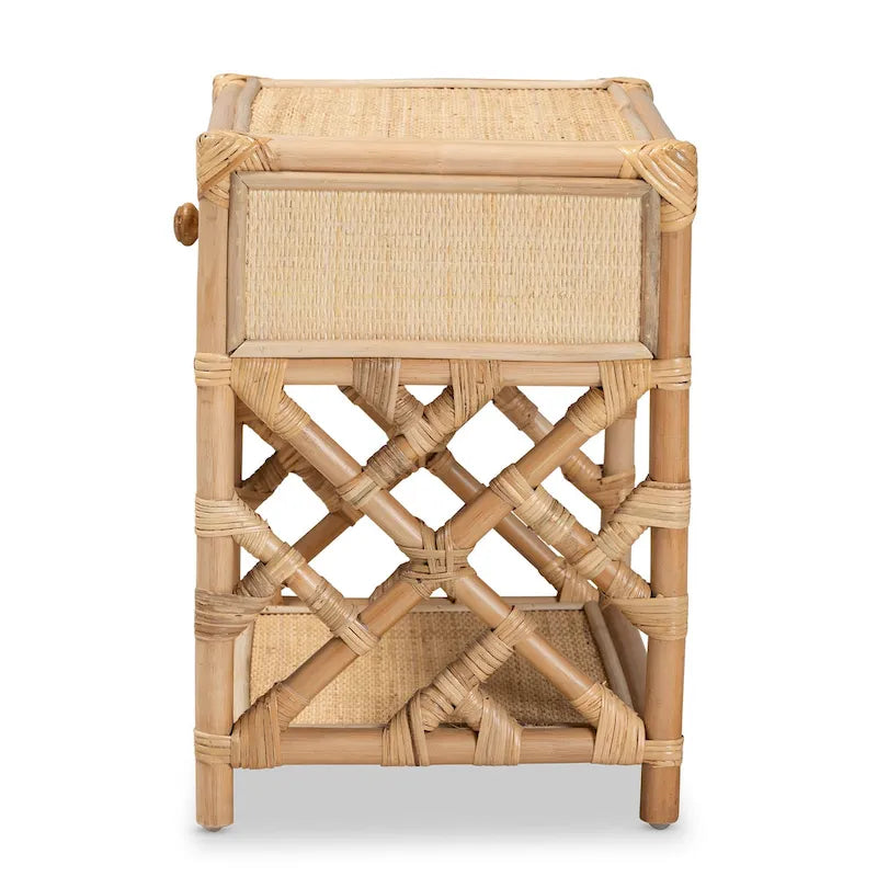 Table de chevet Camara moderne bohème en rotin marron naturel à un tiroir