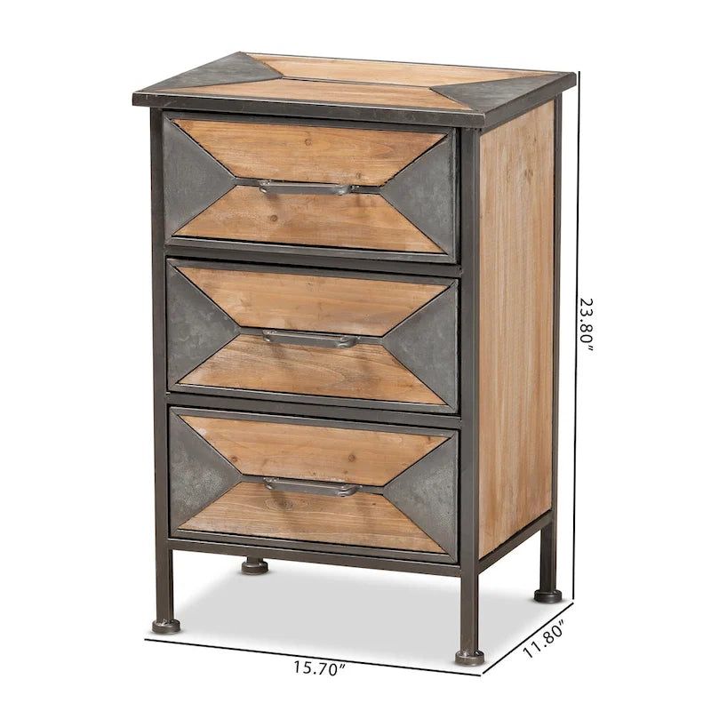 Table d'appoint à 3 tiroirs Baxton Studio Laurel, style industriel rustique, en métal gris antique et bois chêne blanchi, finition marron.