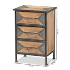 Table d'appoint à 3 tiroirs Baxton Studio Laurel, style industriel rustique, en métal gris antique et bois chêne blanchi, finition marron.