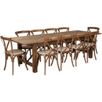 Ensemble table de ferme pliante rustique 9' x 40 avec 10 chaises à dossier croisé et coussins