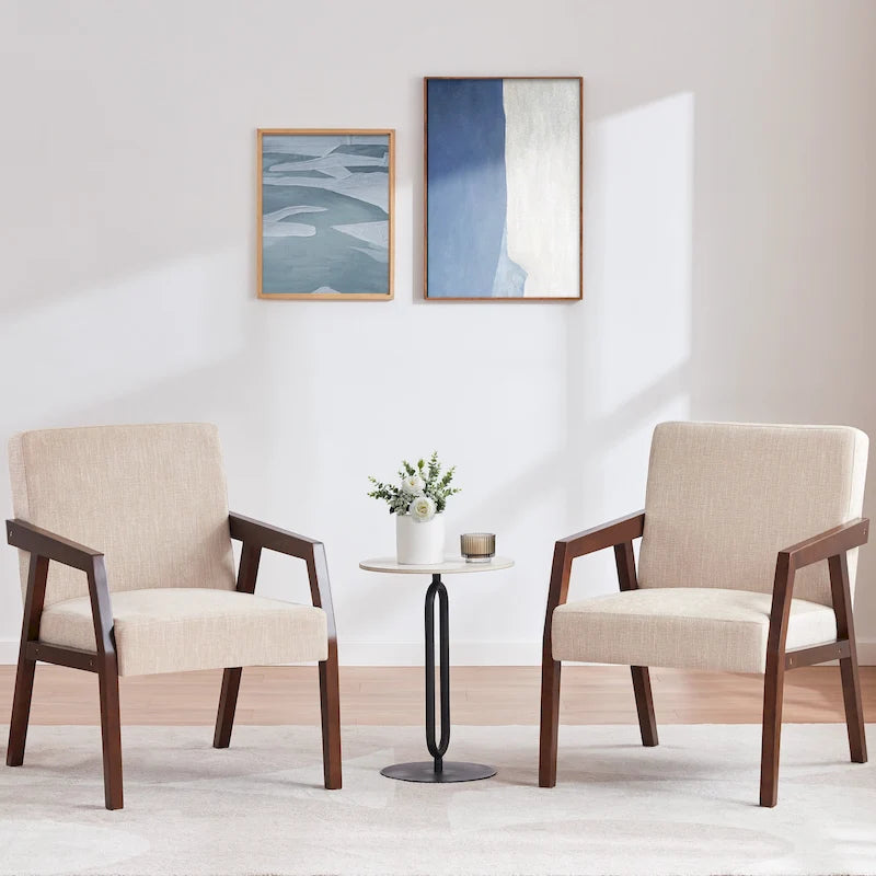 HUIMO Ensemble de 2 fauteuils d'appoint en bois massif, revêtement marron/blanc/bleu, style moderne milieu du siècle, pour salon