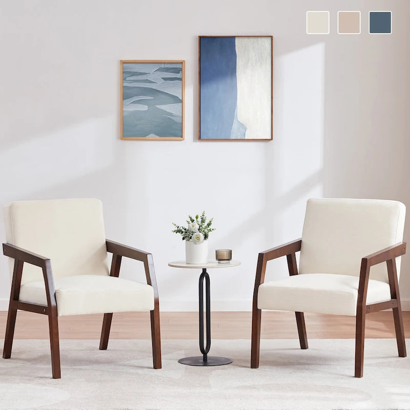 HUIMO Set of 2 Accent Armchair Solid Wooden Brownness/ White/ Blue Upholstered Mid-Century Modern Accent Chair for Living Room