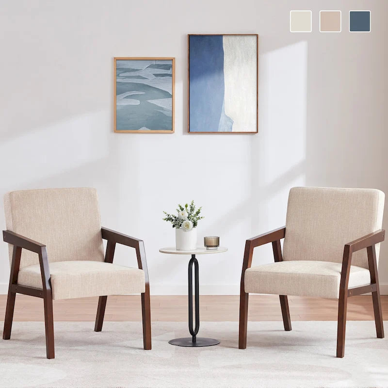 HUIMO Ensemble de 2 fauteuils d'appoint en bois massif, revêtement marron/blanc/bleu, style moderne milieu du siècle, pour salon