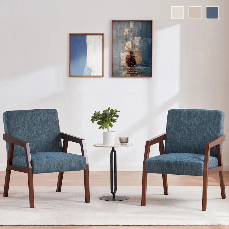 HUIMO Ensemble de 2 fauteuils d'appoint en bois massif, revêtement marron/blanc/bleu, style moderne milieu du siècle, pour salon