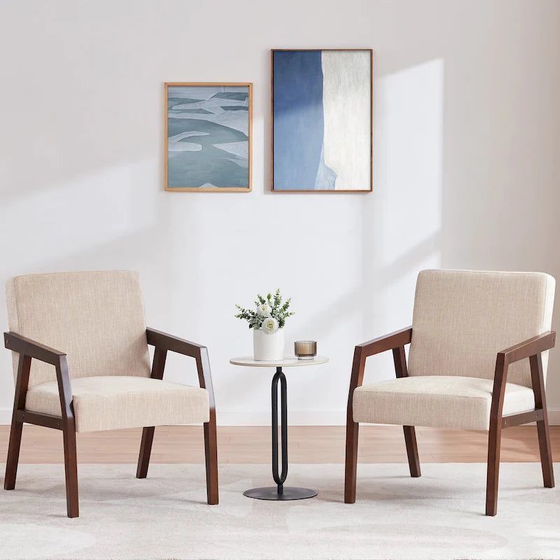 HUIMO Ensemble de 2 fauteuils d'appoint en bois massif, revêtement marron/blanc/bleu, style moderne milieu du siècle, pour salon